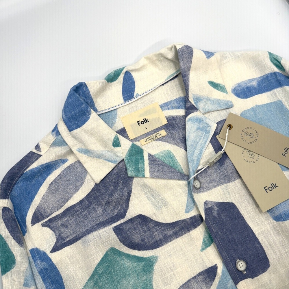 Folk Palcont Short Sleeve Shirt Mens Blue Abstract Linen Blend Large NWT
